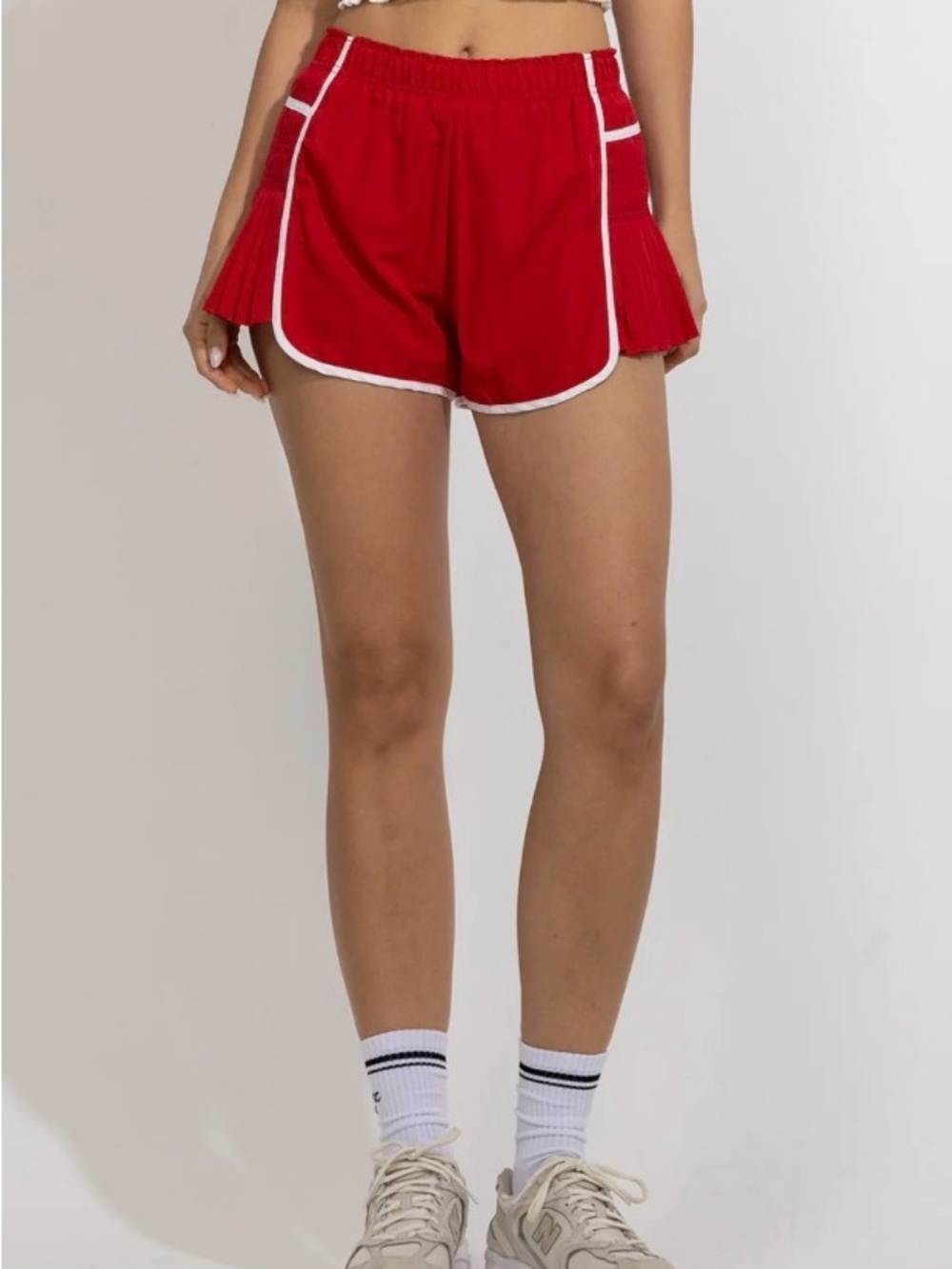 Cali1850 Women’s Red Athletic Shorts with Pleated Side Panels. Size L